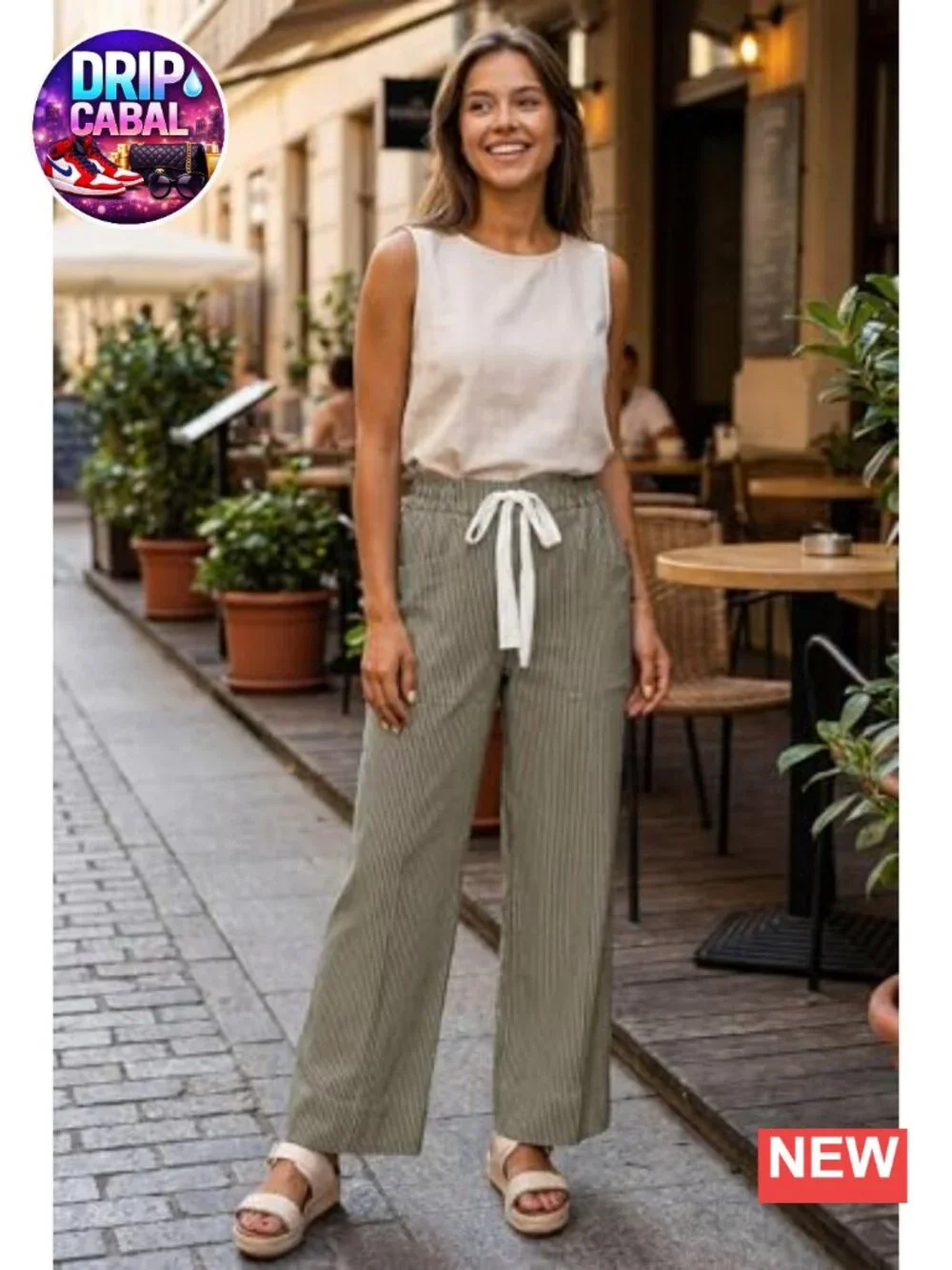 Elastic High Waist Striped Wide Leg Pants